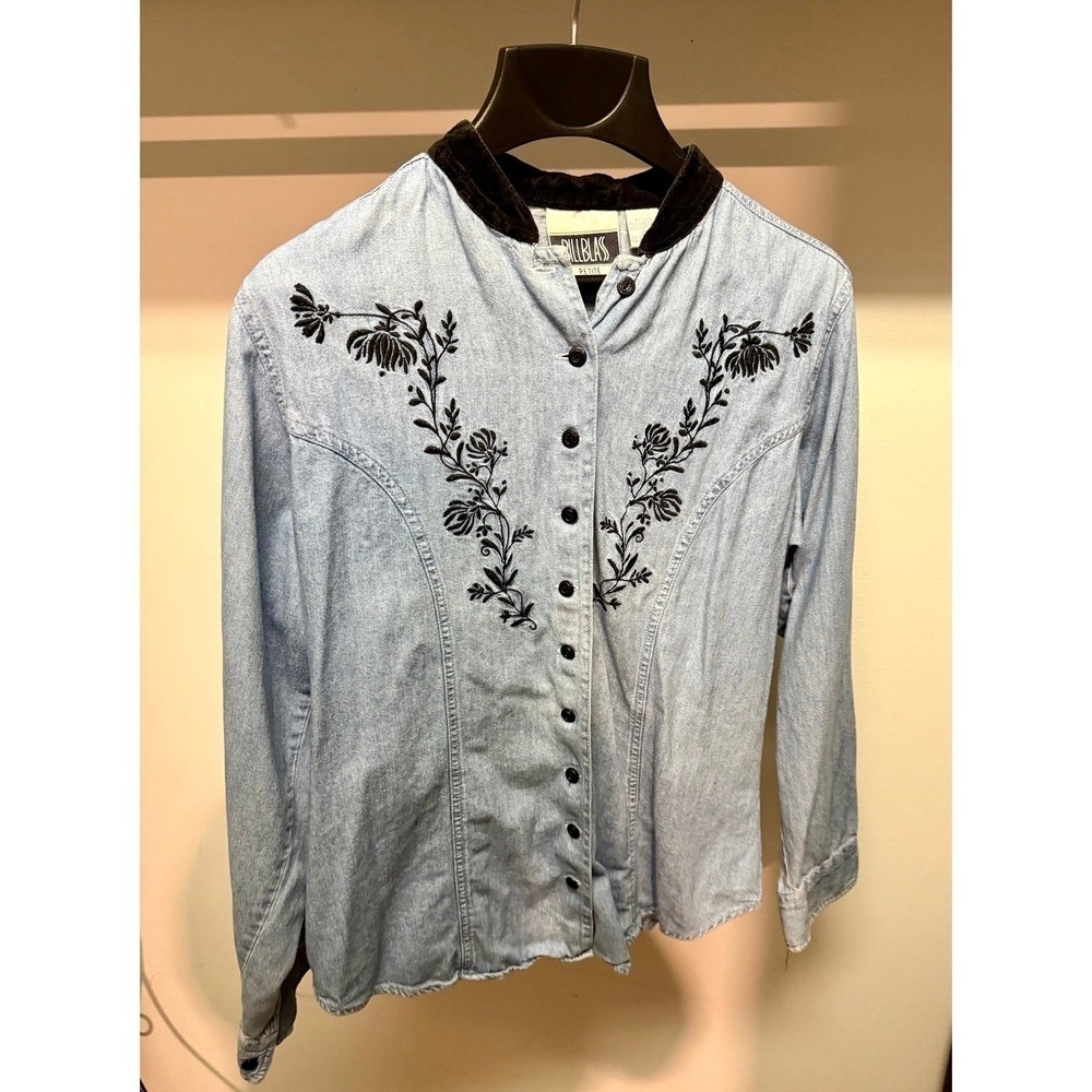 BILL BLASS VINTAGE DENIM EMBROIDERED WOMENS BUTTON DOWN SHIRT Petite Medium